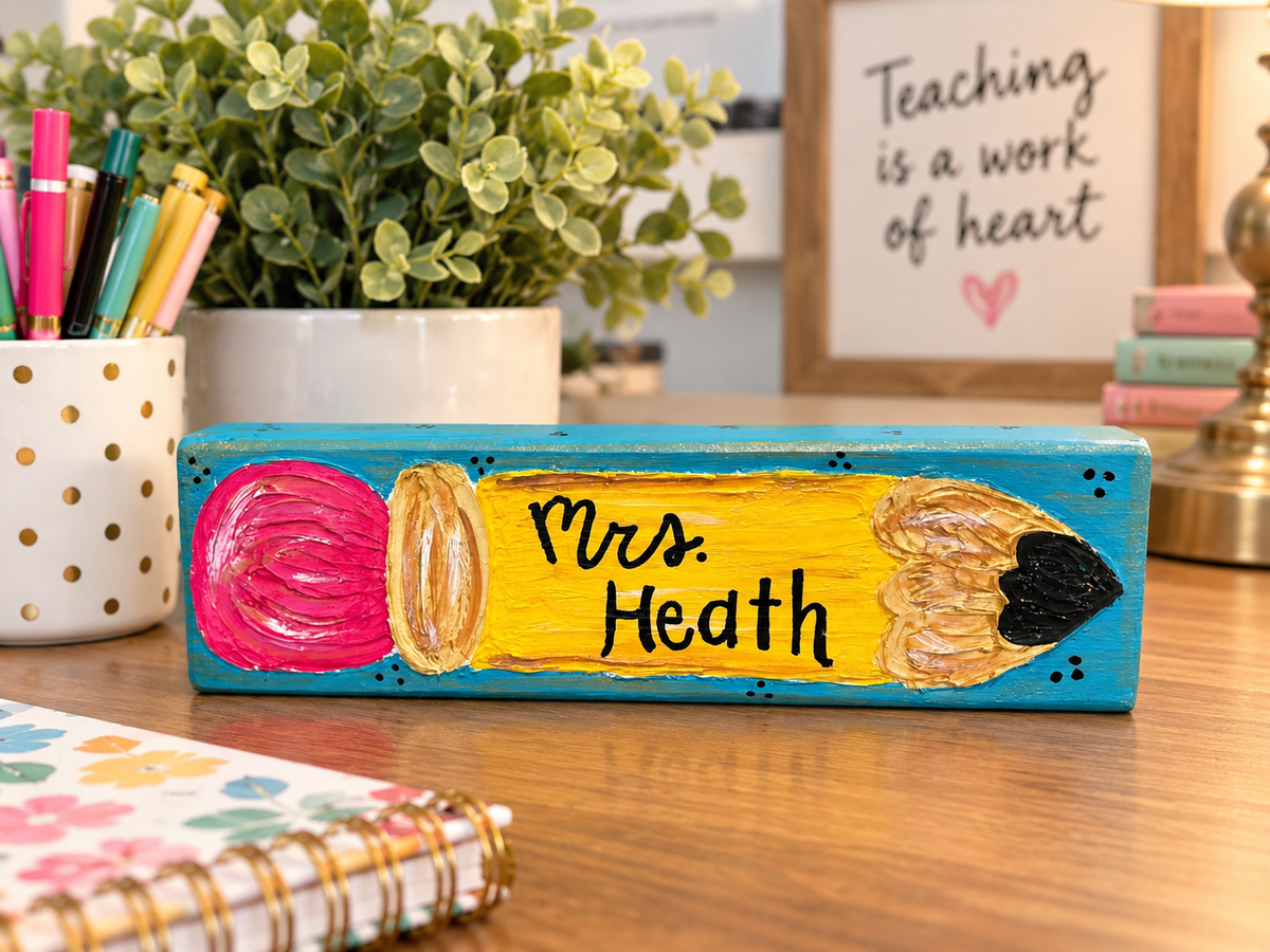 Personalized Textured Painted Wooden Pencil Block with Teacher Name