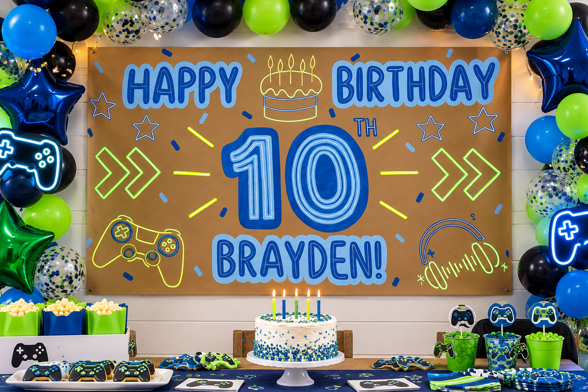 Neon Gamer Birthday Banner
